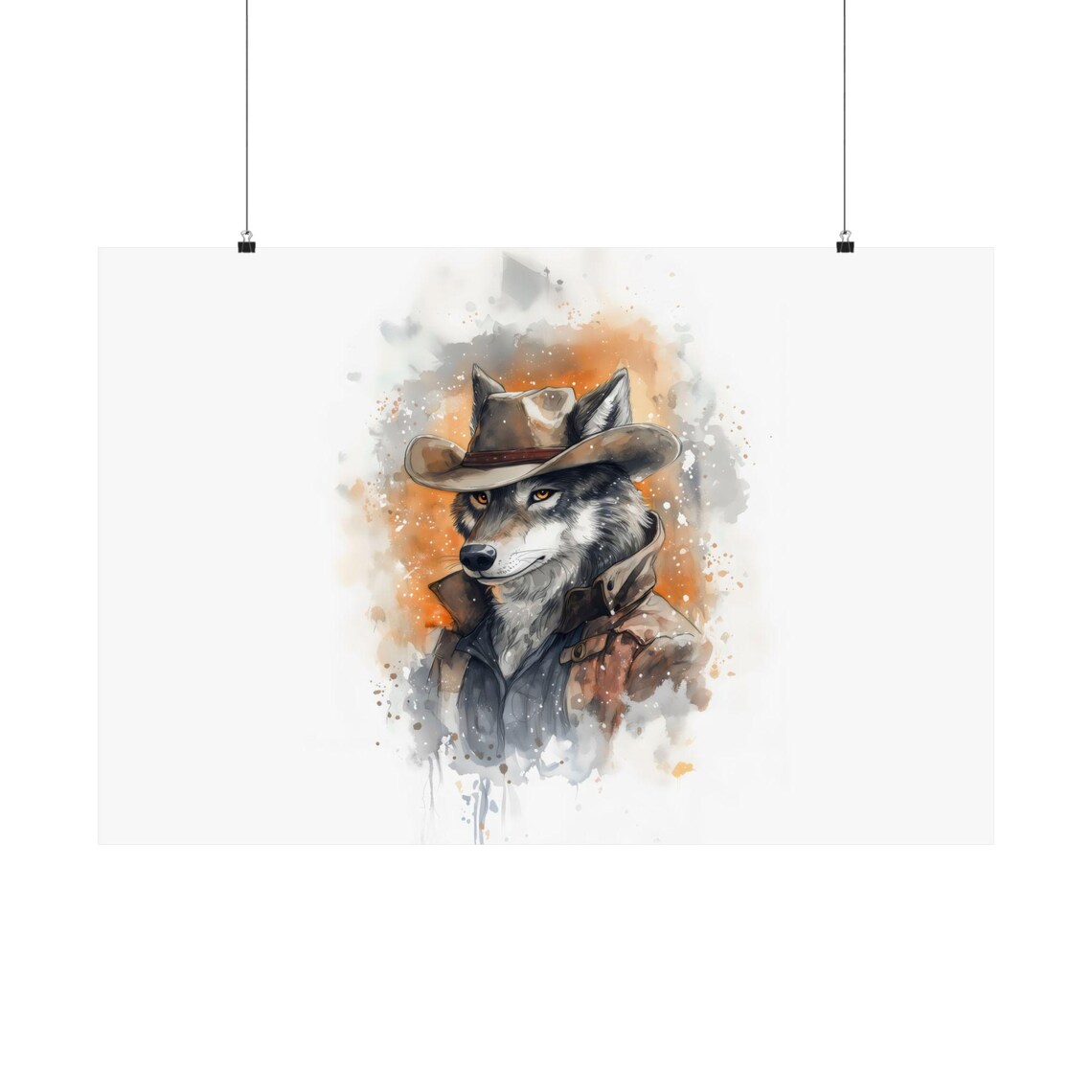 Wolf Cowboy Watercolor Portrait Brown Hat Western Wildlife Decor Poster - Image 3