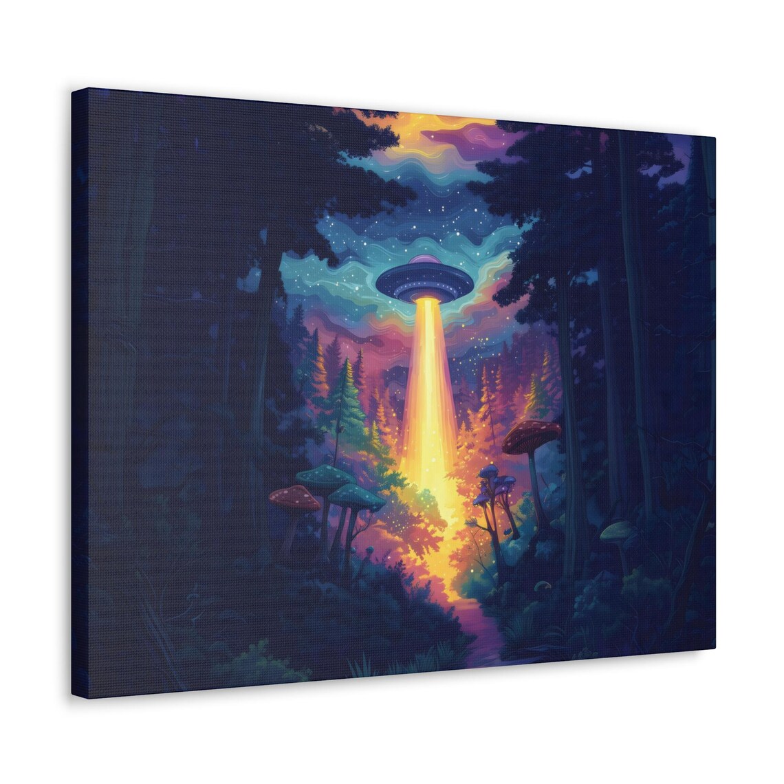 Bright UFO Golden Beam Over Starry Night Mushroom Forest Poster