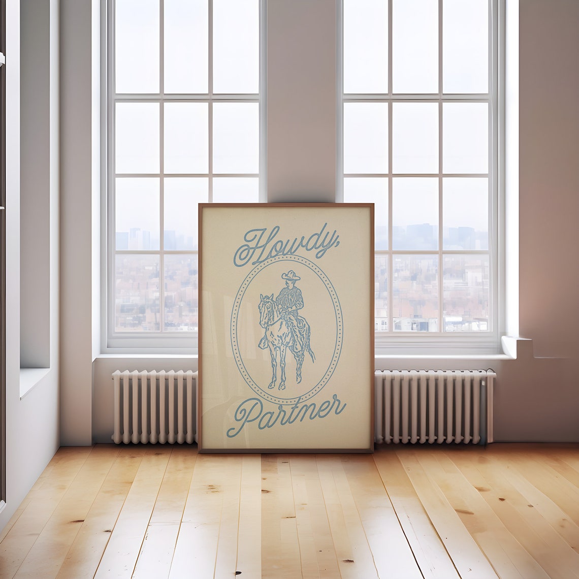 Howdy Partner Blue Script Cowboy Riding Horse Western Greeting Poster - Image 2