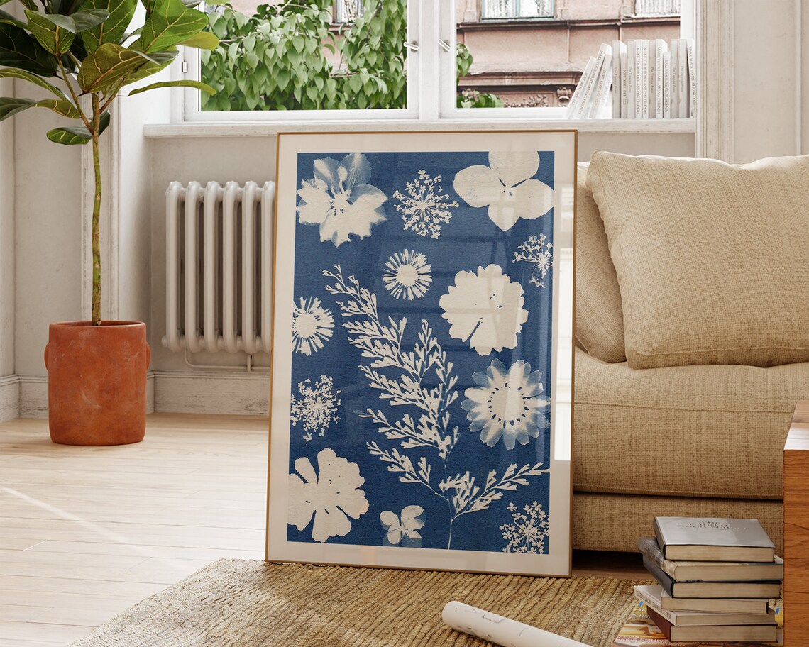 Modern Boho Cyanotype Botanical Floral Art Print