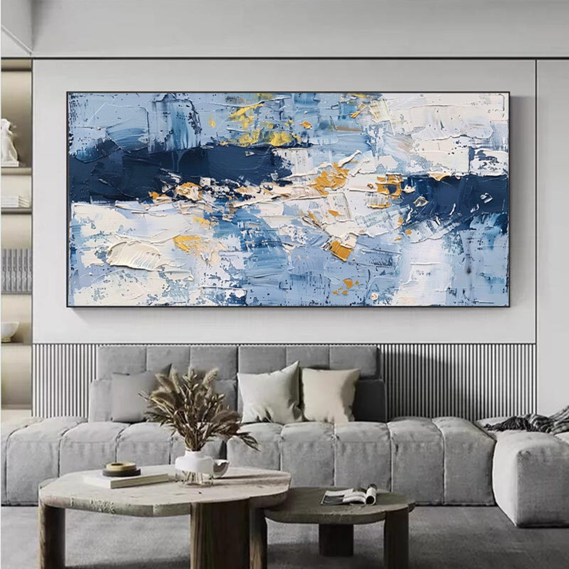 Deep Blue White and Gold Abstract Textured Canvas Artwork Poster - Image 5