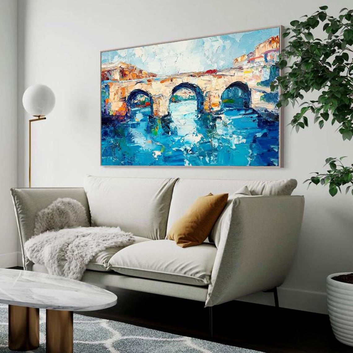 Historic Stone Arch Bridge Over a Turquoise River Oil Poster - Image 3