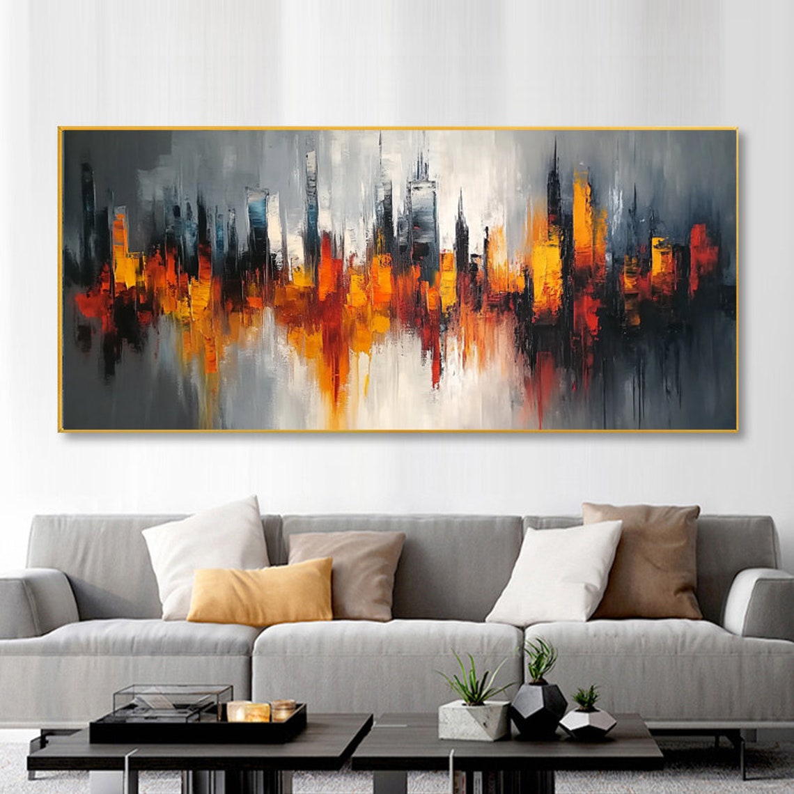 Fiery Glowing Orange City Skyline at Dusk Abstract Art Poster - Image 6
