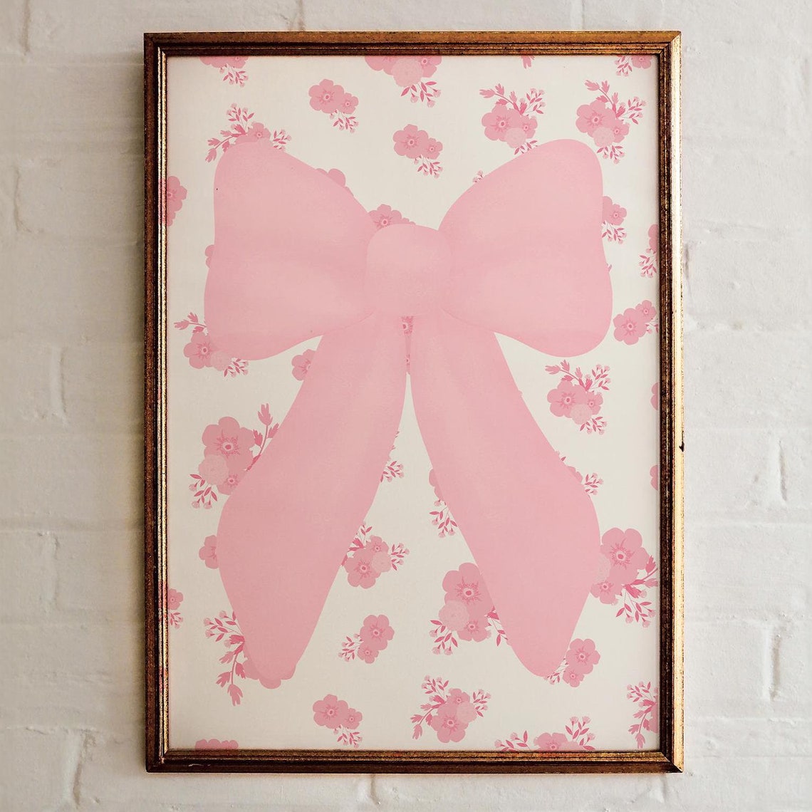 Pink Bow Coquette Wall Art Big Ribbon Floral Background Girly Print