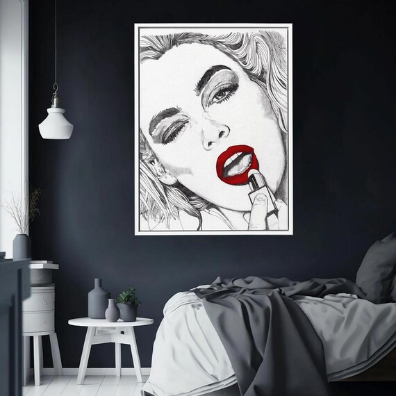Bold Red Lips Sketch Black And White Woman Lipstick Beauty Poster