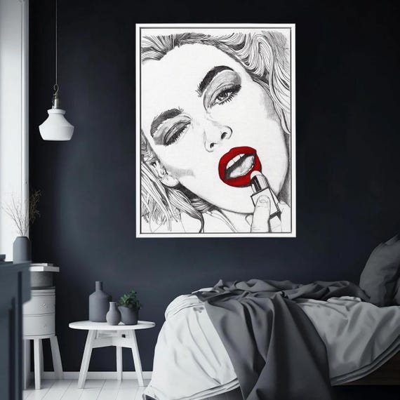 Bold Red Lips Sketch Wall Art Lipstick Drawing Canvas Modern Feminine Illustration Monochrome Woman Portrait Fashion Beauty Print