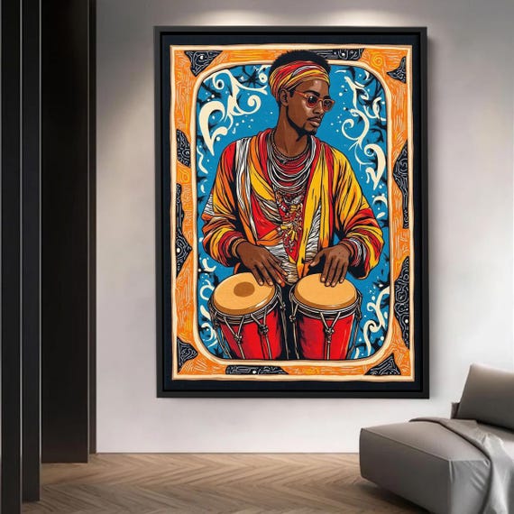 Ethnic Bongo Drummer Canvas Art Vibrant African Culture Wall Decor Colorful Music Artwork For Home Living Space