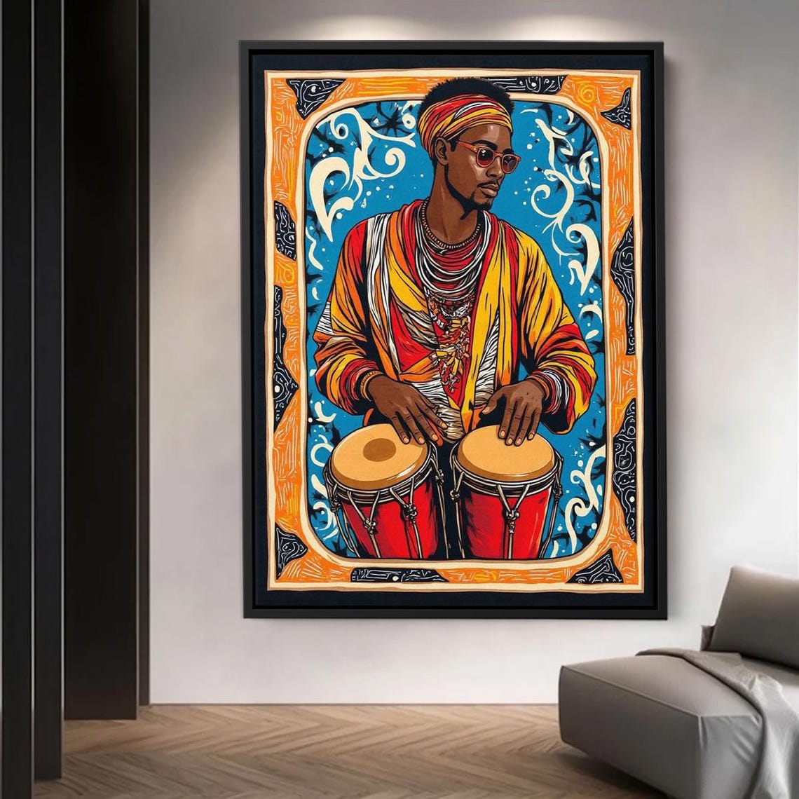 African Bongo Drummer Player Colorful Tribal Musician Art Poster