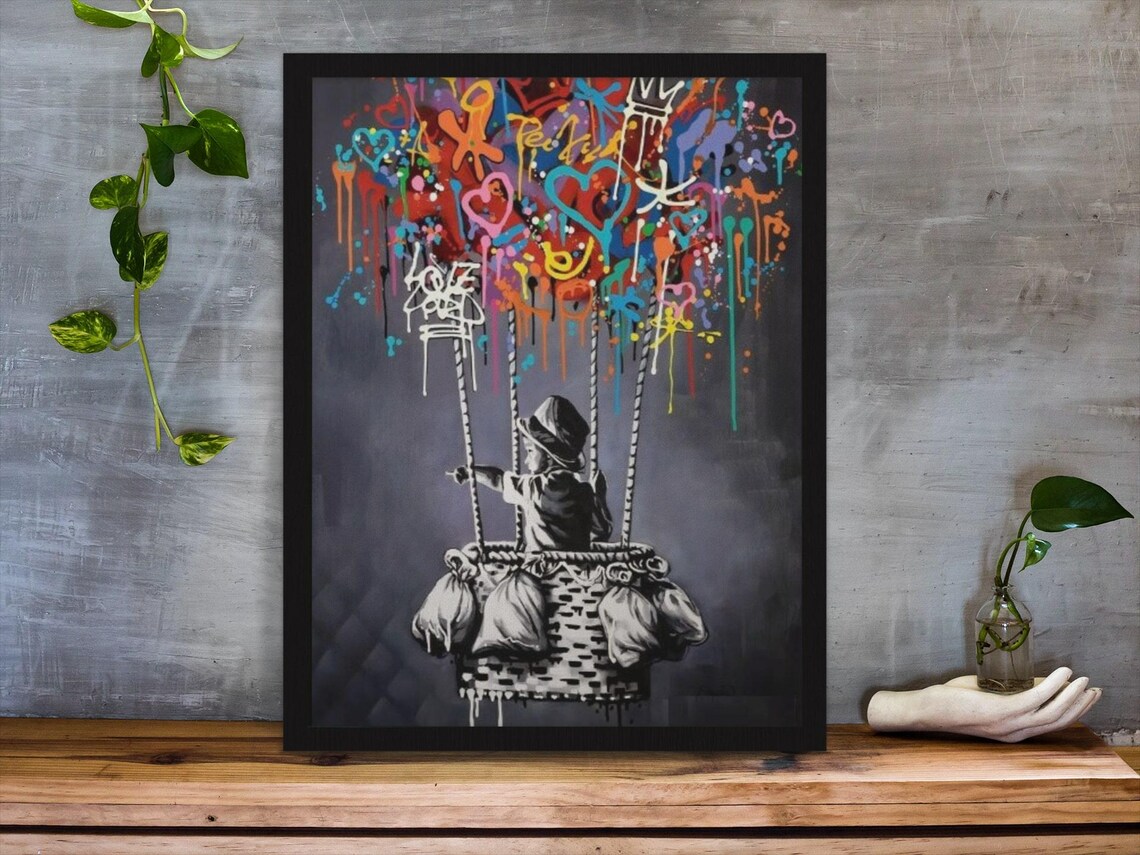 Graffiti Hot Air Balloon Child Basket Street Art Love Heart Poster