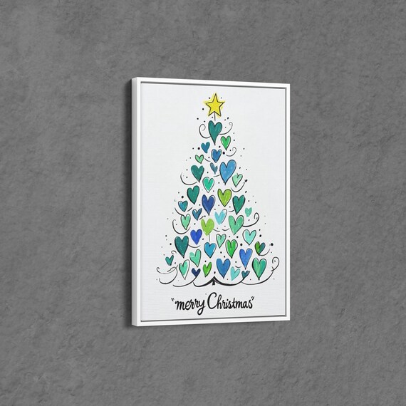 Merry Christmas Tree Made Of Blue And Green Hearts With Star Poster
