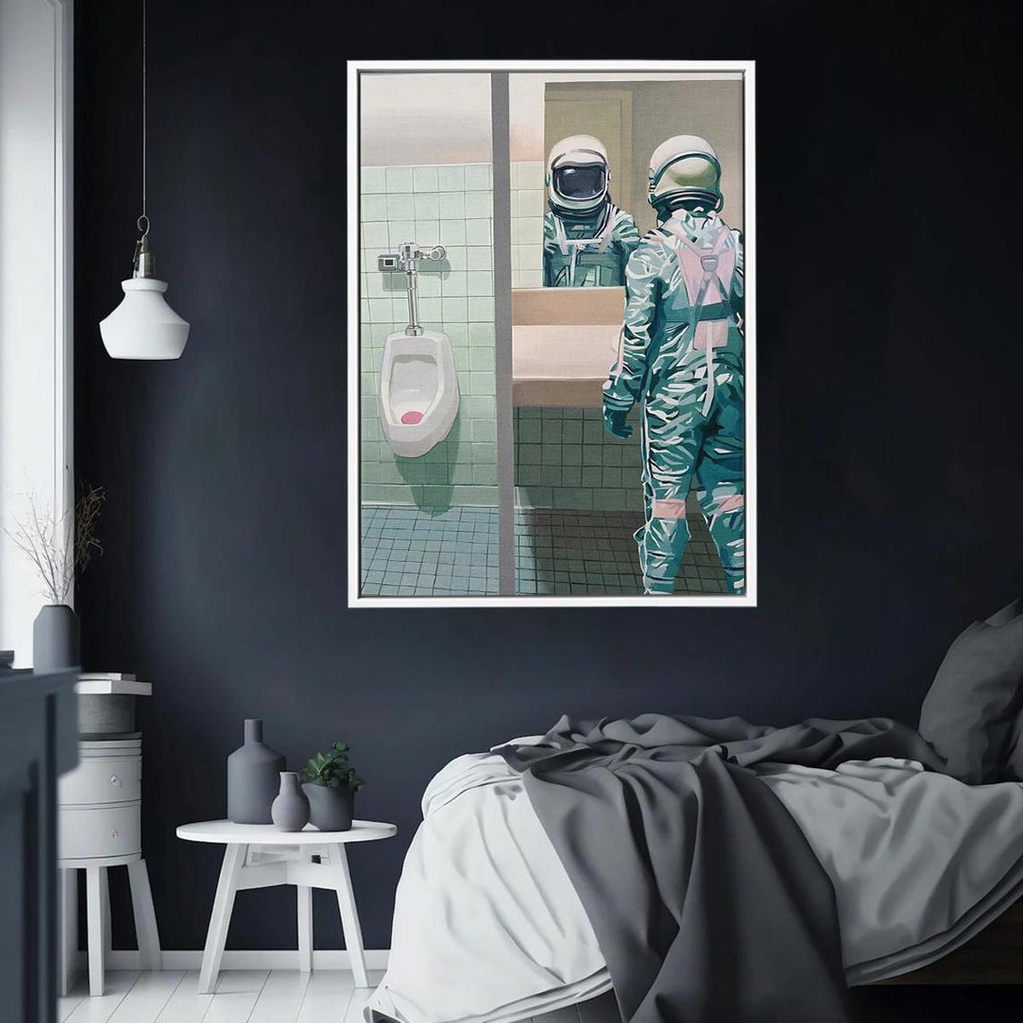 Funny Astronaut Bathroom Canvas Print Absurd Pop Art Wall Decor Humorous Space Themed Poster For Modern Home Or Office
