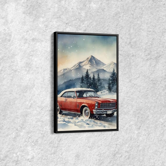 Classic Red Car With Mountain View Canvas Winter Watercolor Wall Art Retro Vintage Landscape Painting