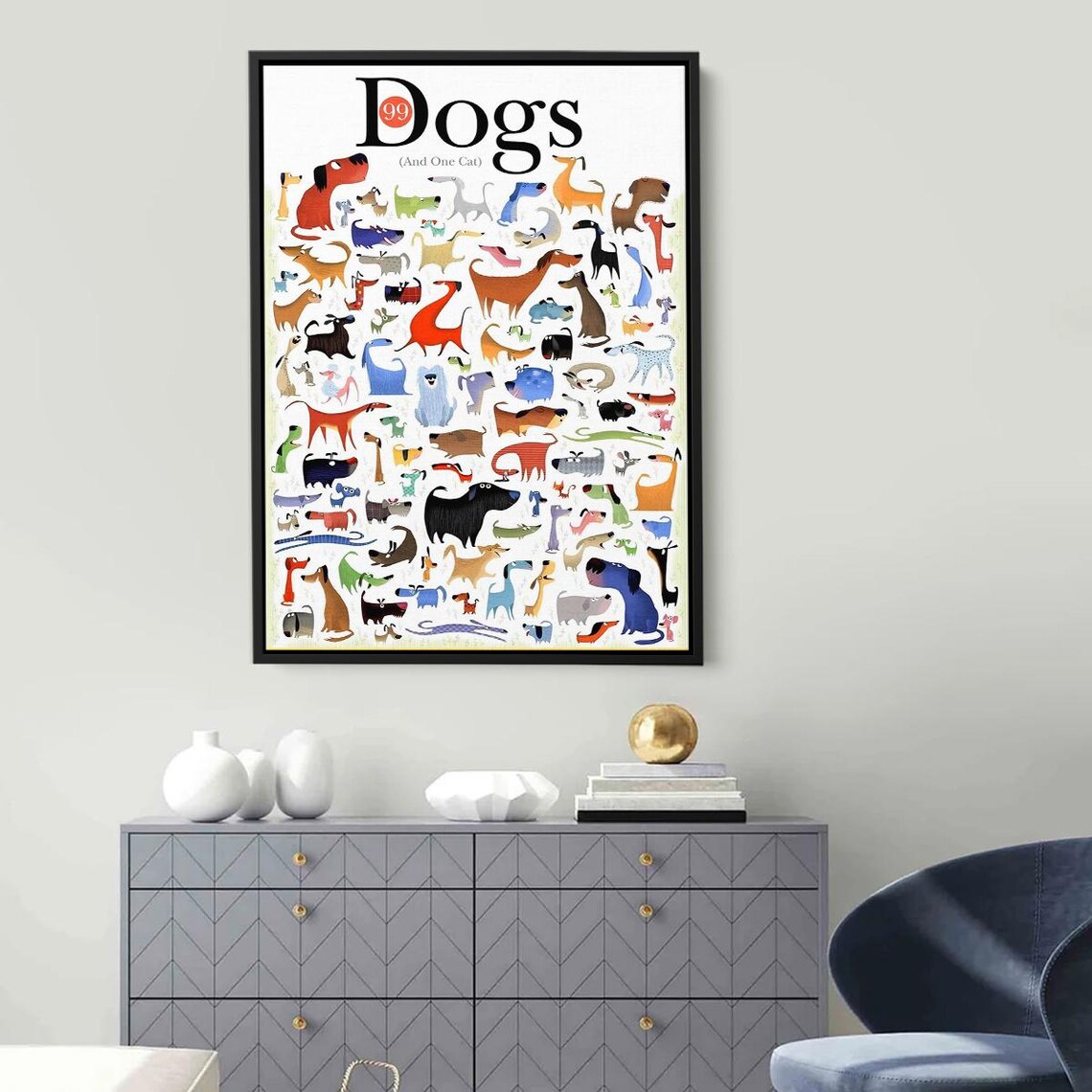 99 Dogs And One Cat Funny Whimsical Colorful Dog Chart Poster