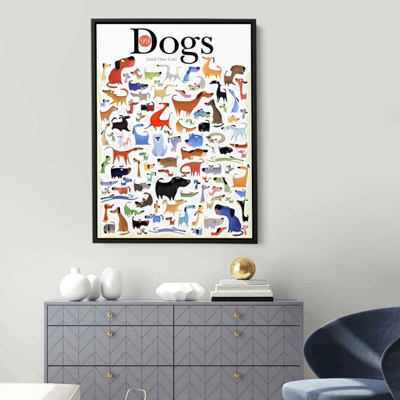 99 Dogs And One Cat Funny Art Print Cute Dog Poster Wall Colorful Animal Illustration Gift For Lovers Kids Room Decor