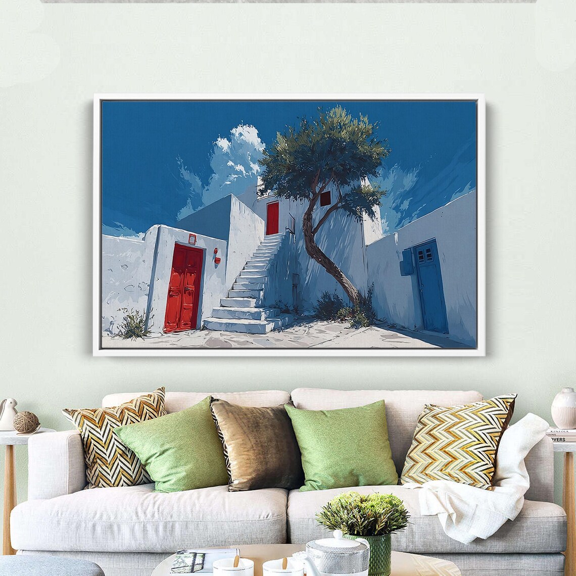 White Mediterranean Buildings With Red Door Greek Island Art Poster