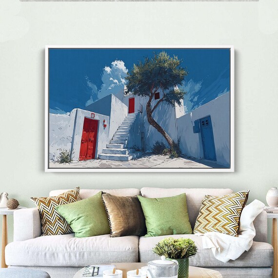 White Mediterranean Buildings With Red Door Greek Island Art Poster