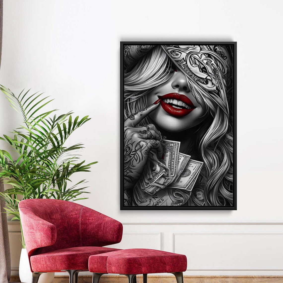 Noir Woman With Red Lips And Tattooed Hand Holding Cash Art Poster