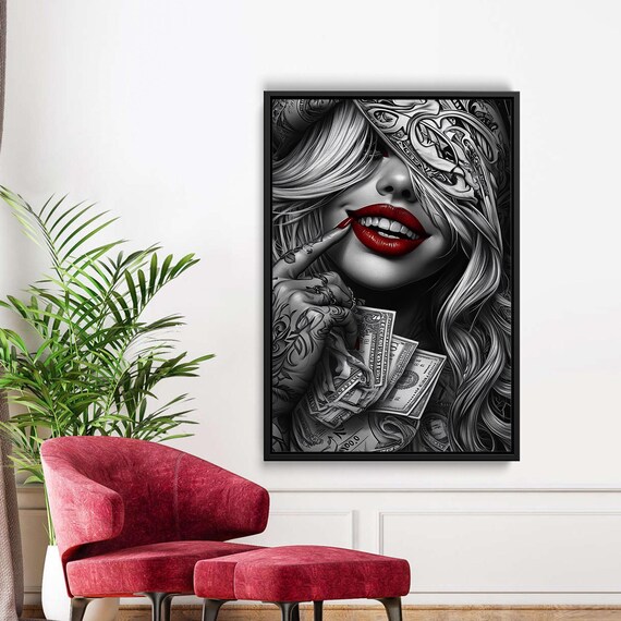 Noir Woman With Red Lips And Tattooed Hand Holding Cash Art Poster