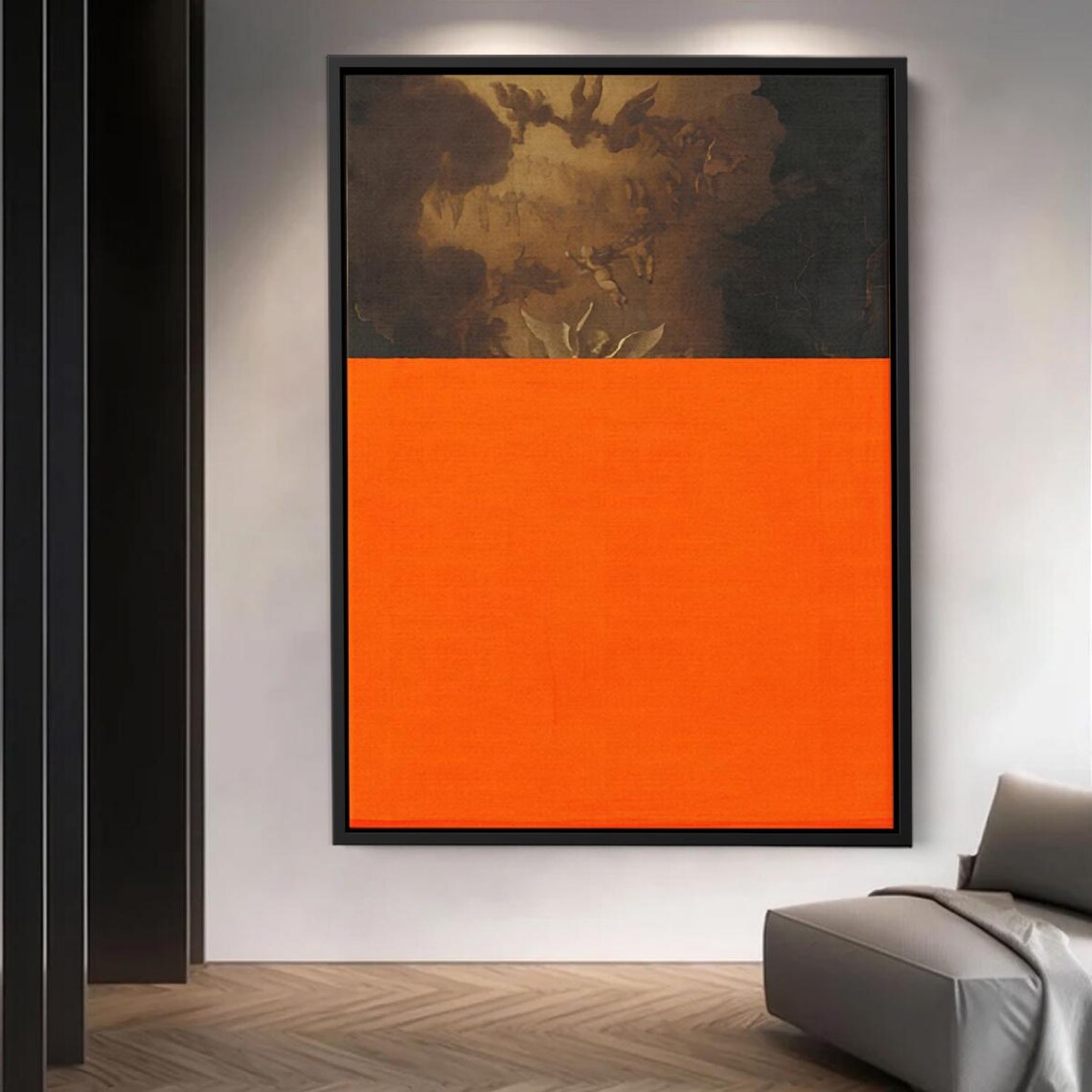 Baroque Angels Hidden Behind Orange Block Dramatic Classical Canvas Art With Modern Minimalist Contrast For Bold Interiors