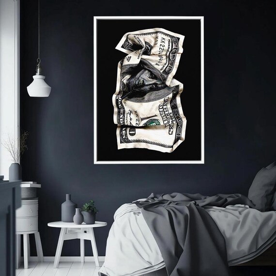 Crumpled Hundred Dollar Bill On Black Modern Money Man Cave Wall Art