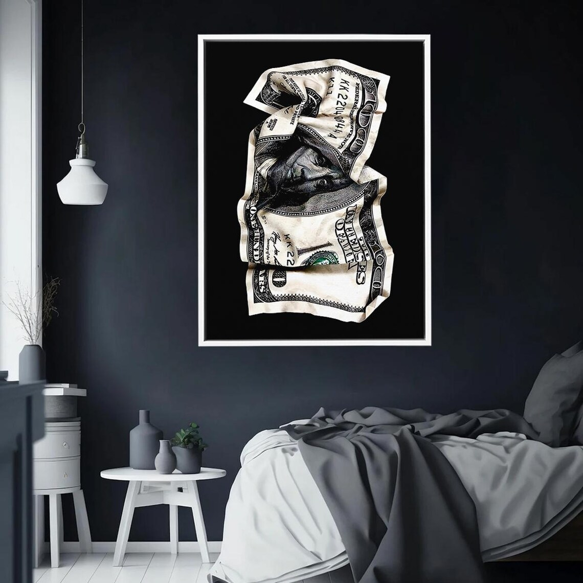 Crumpled Hundred Dollar Bill On Black Modern Money Man Cave Wall Art