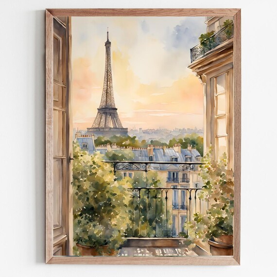 Paris Eiffel Tower Balcony View Watercolor Travel Poster