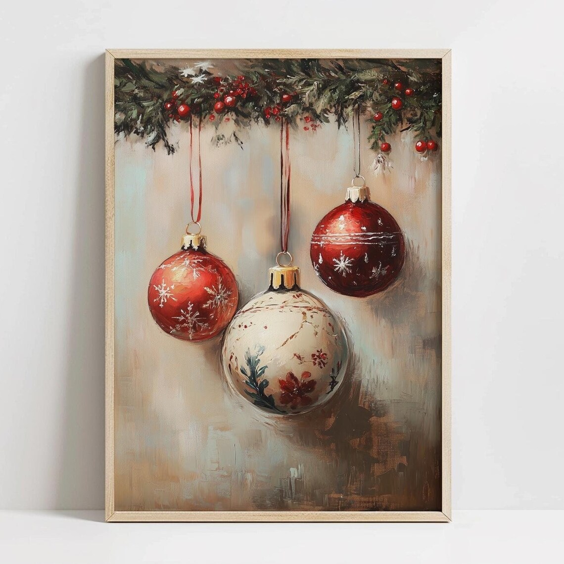 Red White Vintage Christmas Baubles Garland Rustic Holiday Wall Print