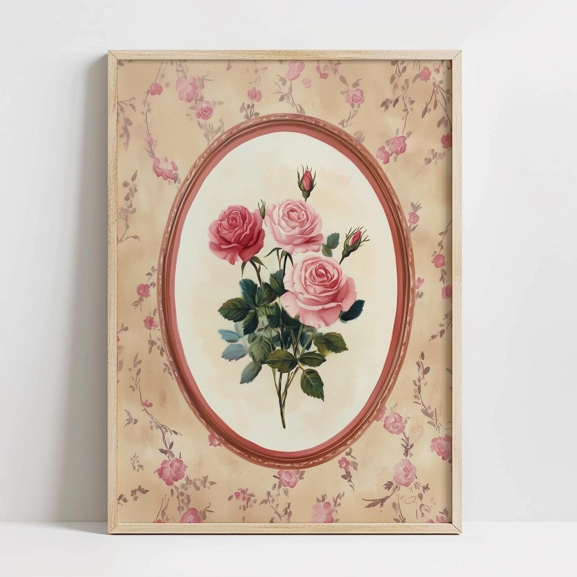 Blush Pink Roses Cameo Oval Frame Antique Floral Wallpaper Print