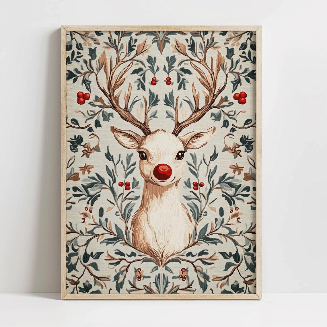 Cute Rudolph Red Nose Reindeer Floral Christmas Nursery Wall Print