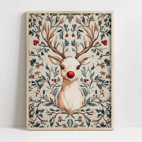 Cute Floral Rudolph Print Red Nosed Reindeer Painting Holiday Nursery Decor Christmas Deer Folk Art Winter Painting