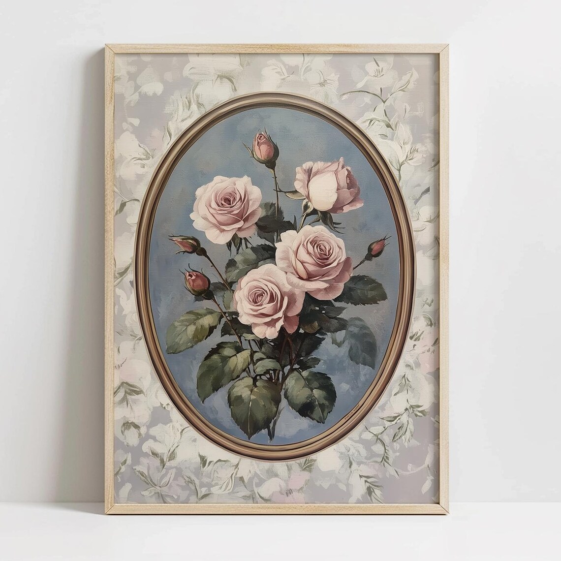Vintage Pink Roses Oval Frame Romantic Floral Wallpaper Wall Art