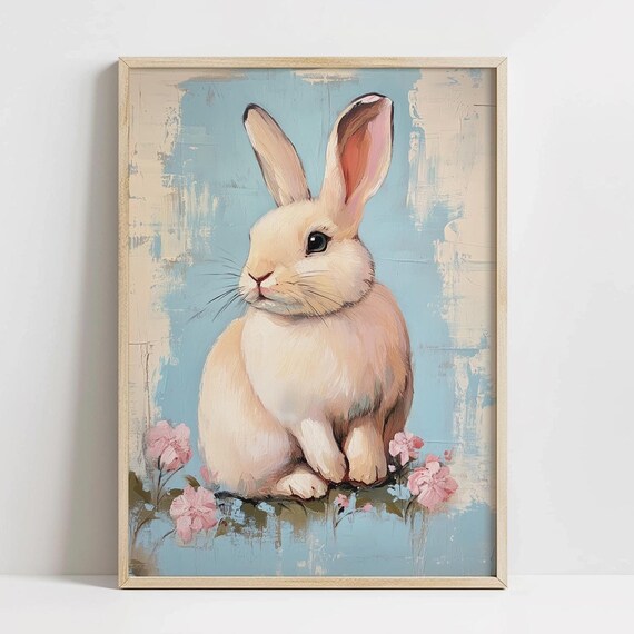 White Bunny With Pink Blossoms Vintage Blue Spring Art Poster