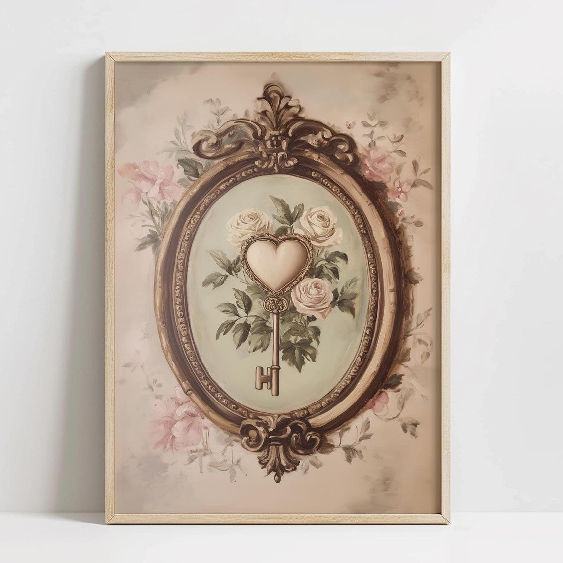 Vintage Heart Shaped Key with White Roses Baroque Oval Frame Print