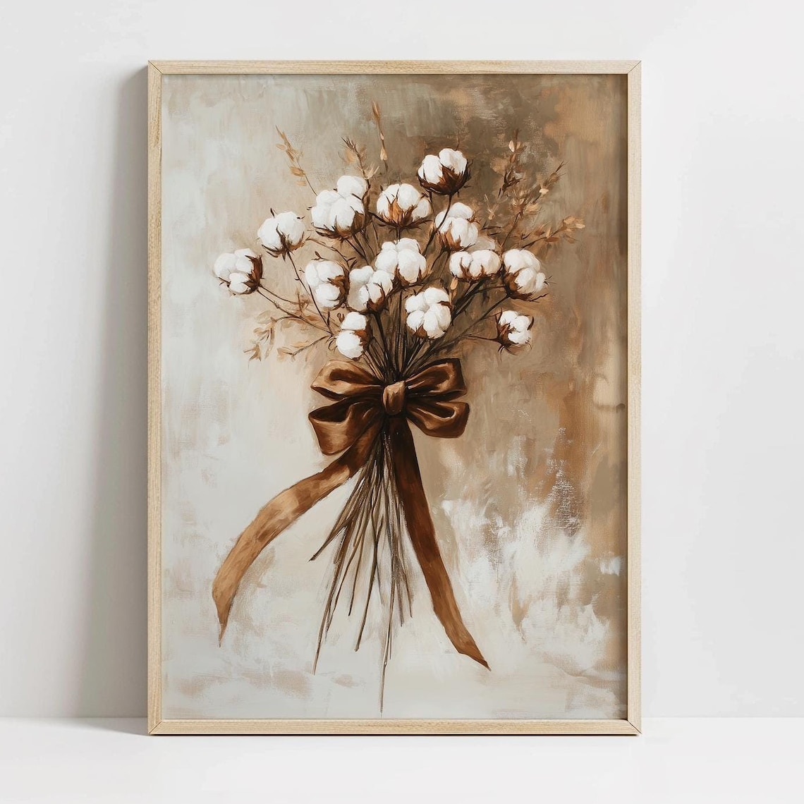 Cotton Boll Bouquet Tied with Brown Ribbon Warm Neutral Floral Print