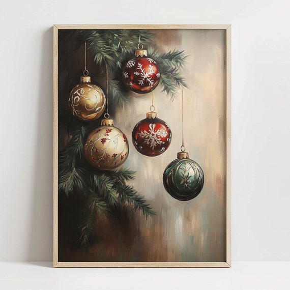 Classic Vintage Christmas Ornaments Painting Muted Holiday Cottage Art Moody Rustic Christmas Baubles Still Life Holiday Decor