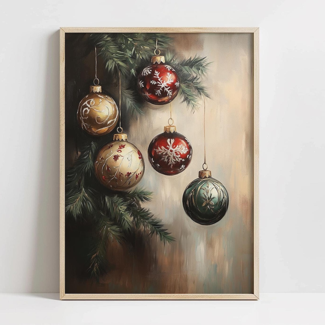 Vintage Christmas Baubles Hanging Pine Branch Holiday Wall Print