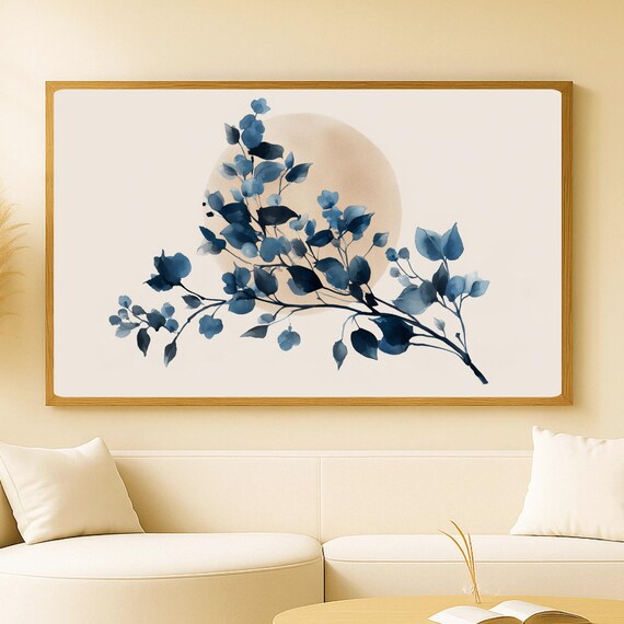 Blue Branches And Sun Art Print, Minimalist Japandi