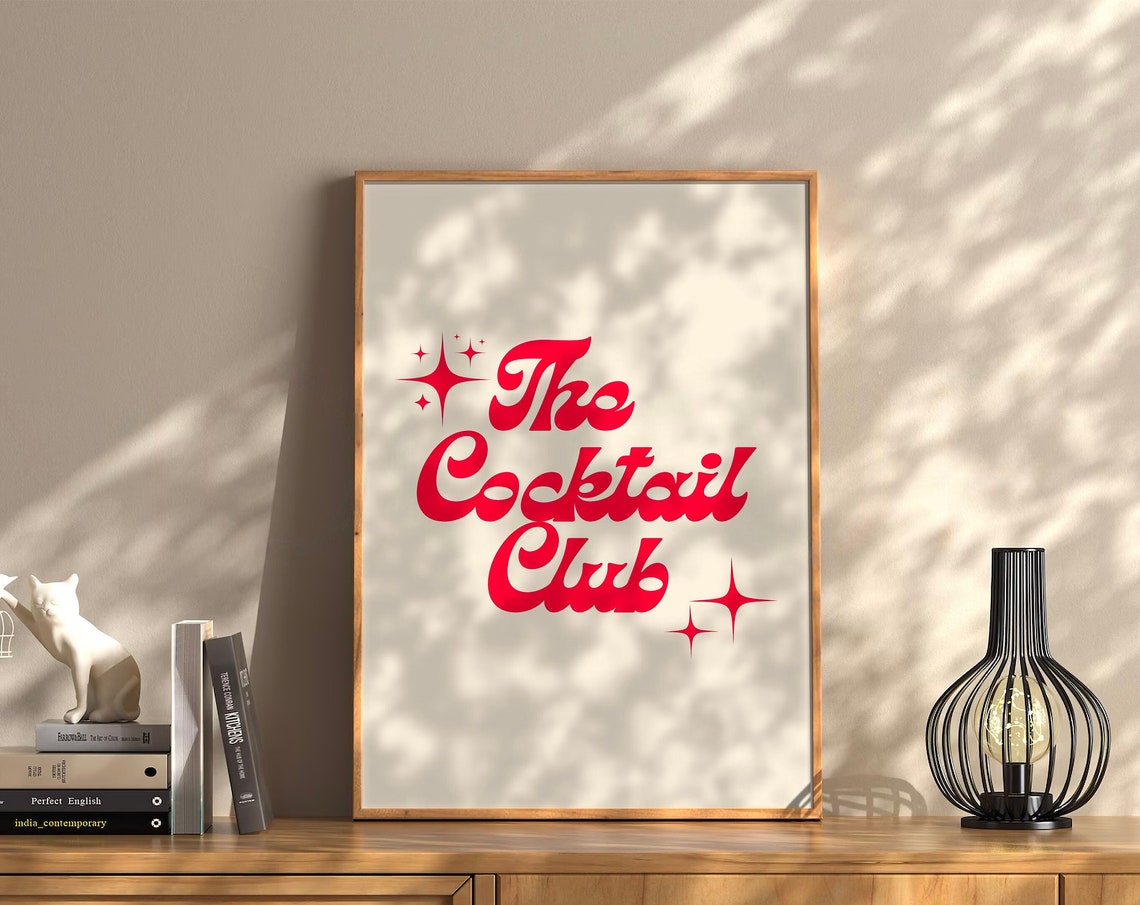 The Cocktail Club Red Script Sparkle Retro Typography Bar Sign Poster