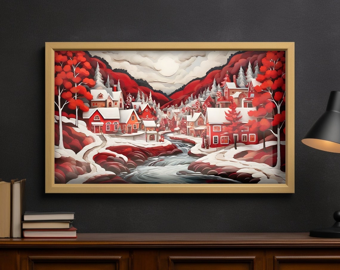 Folk Art Red Christmas Village River Snowy Mountain Scene Poster