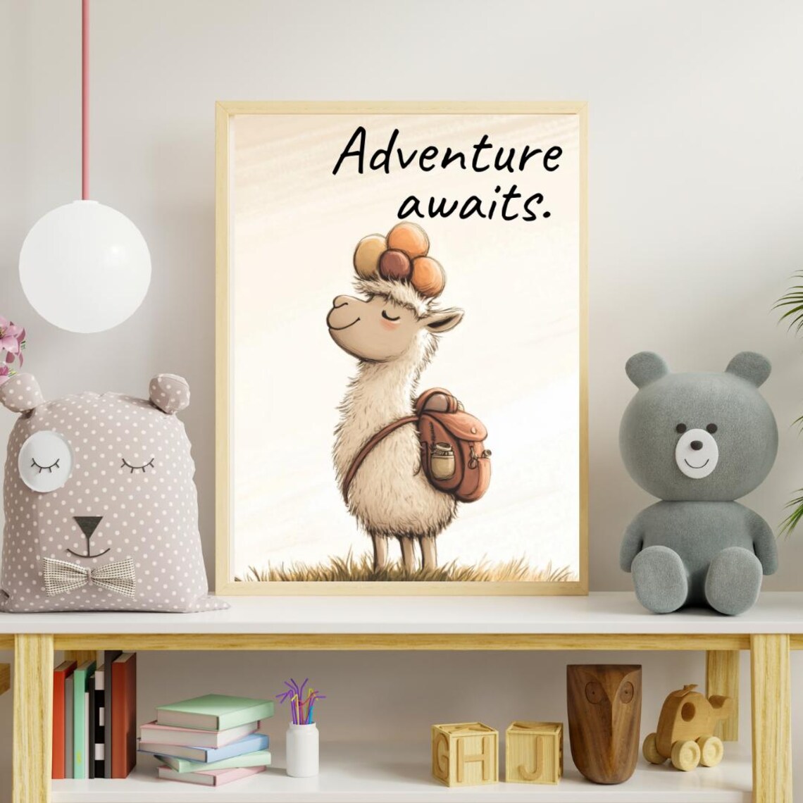 Alpaca Adventure Awaits Poster Backpacking Llama Nursery Wanderlust Art - Image 2