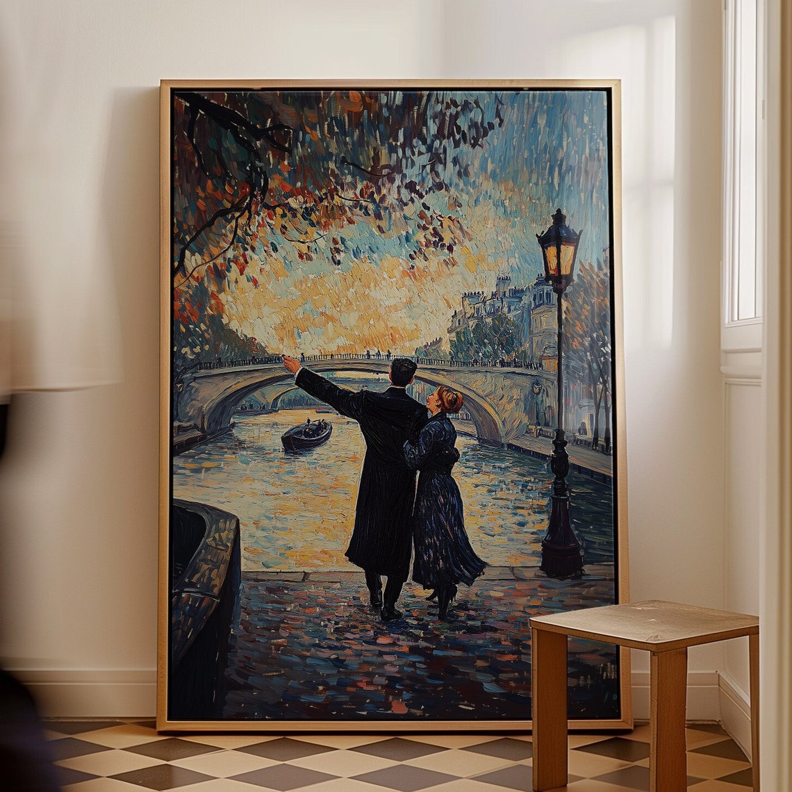 Paris Lovers On A Bridge Impressionist Sunset Seine River Poster