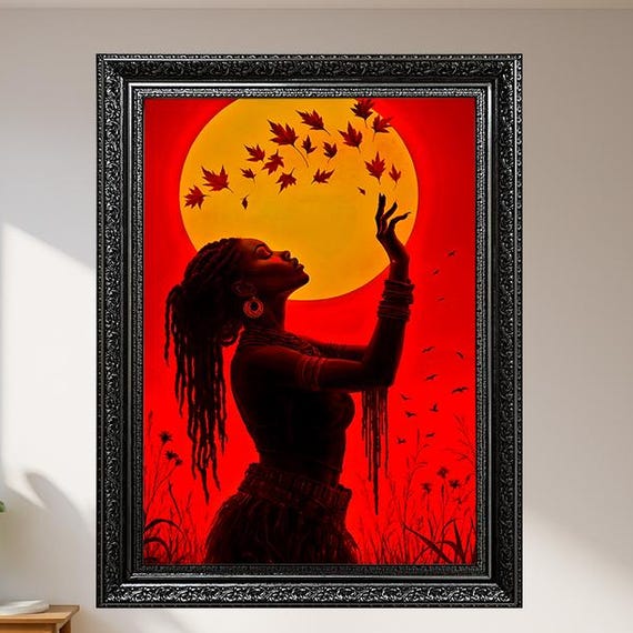 African Woman Wall Art Print Silhouette Portrait With Autumn Leaves And Full Moon Red Sunset Ethnic Tribal Home Decor