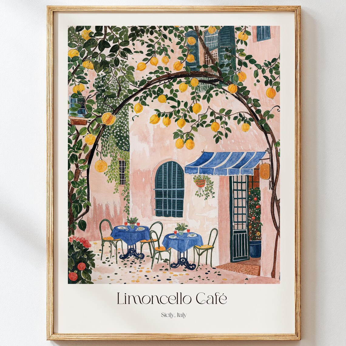 Sicilian Lemon Café Art Print, Italian Watercolor