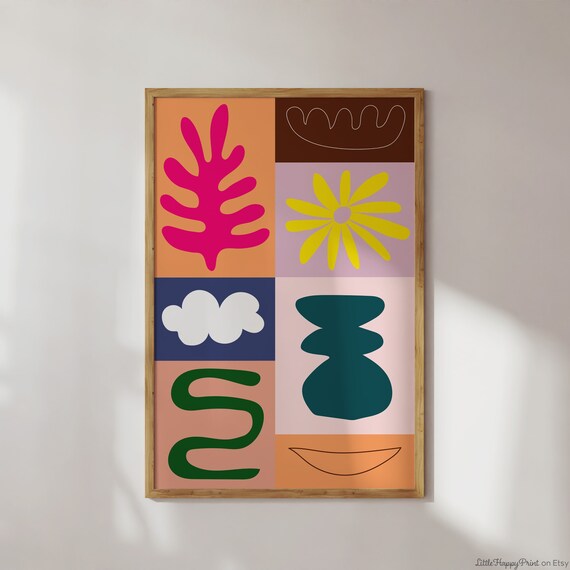 Abstract Colourful Organic Shapes Print Midcentury Pink Orange Blue Yellow Brown Coral Flower Cloud Bohemian Poster Instant Download