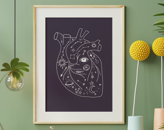Celestial Purple Heart Print Magical Wall Art Mystic Bohemian Poster Two Esoteric Print Witchy Decor Instant