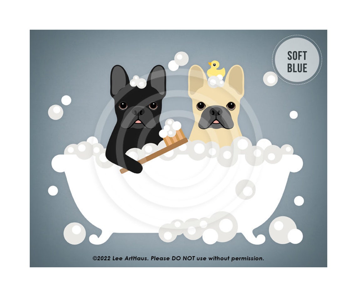 128dp Two French Bulldogs In Bubble Bath Tub Wall Art Black French Bulldog Print French Bulldog Decor Fawn French Bulldog Gift - Image 2