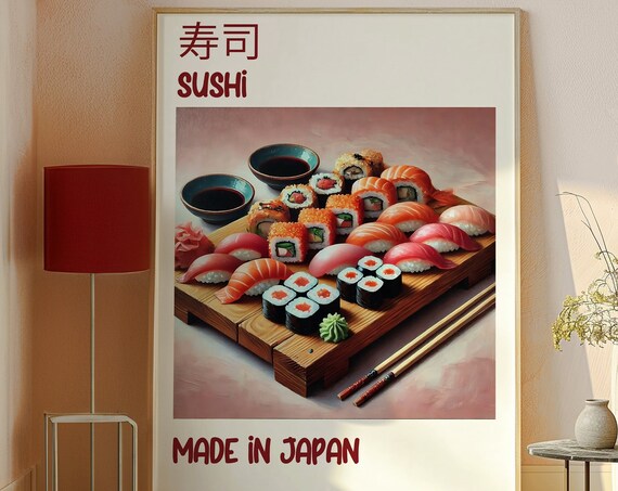 Sushi Print Sushi Wall Art Art Pink Kitchen Food Decor Illustrated Food Kitchen Art Cute Trendy Wall Art