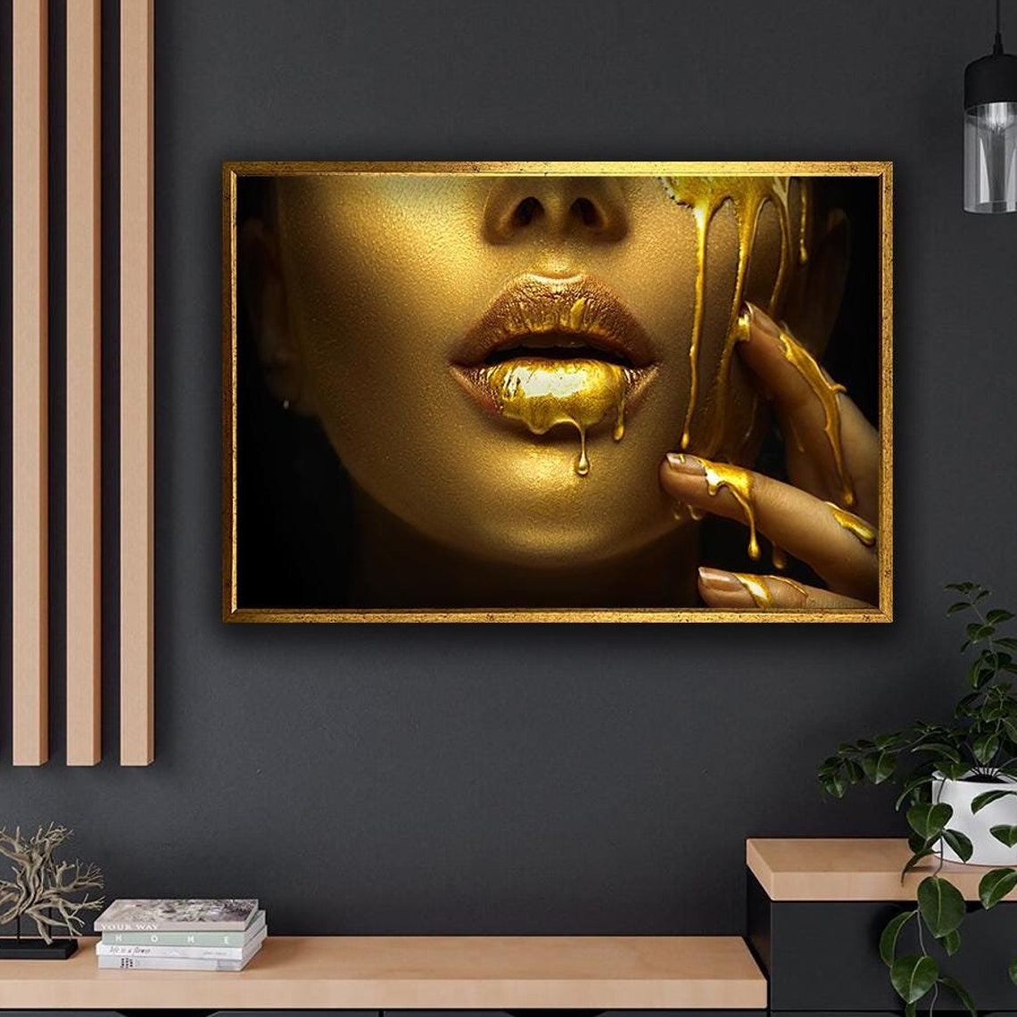 Woman Gold Lip Art Gold Woman Lip Print Black Girl Art Gold Woman Wall Art Gold Art Print Modern Home Decor