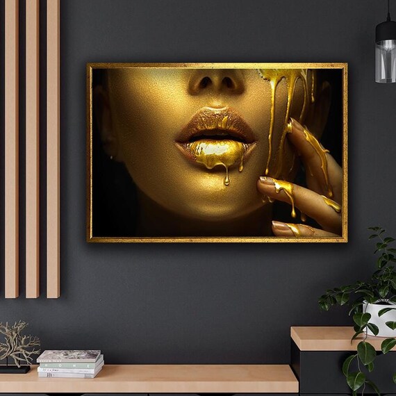 Molten Gold Woman Face Dripping Gold Lips Luxury Portrait Wall Art