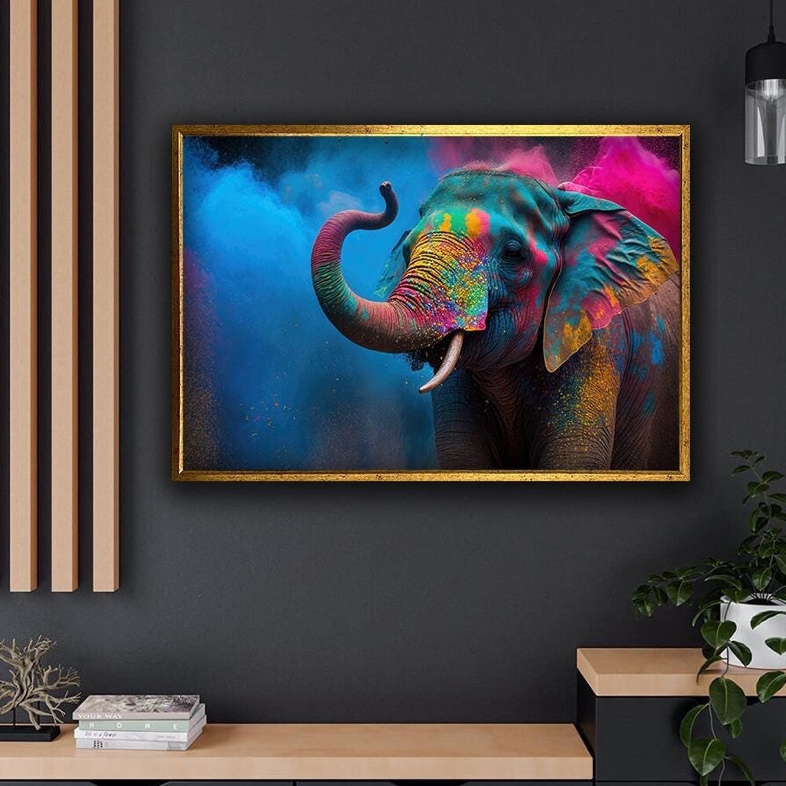 Colorful Paint Splashed Elephant with Trunk Up on Blue Smoke Poster